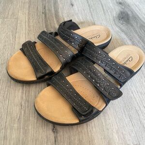 Clarks Black Leather Slide Sandals